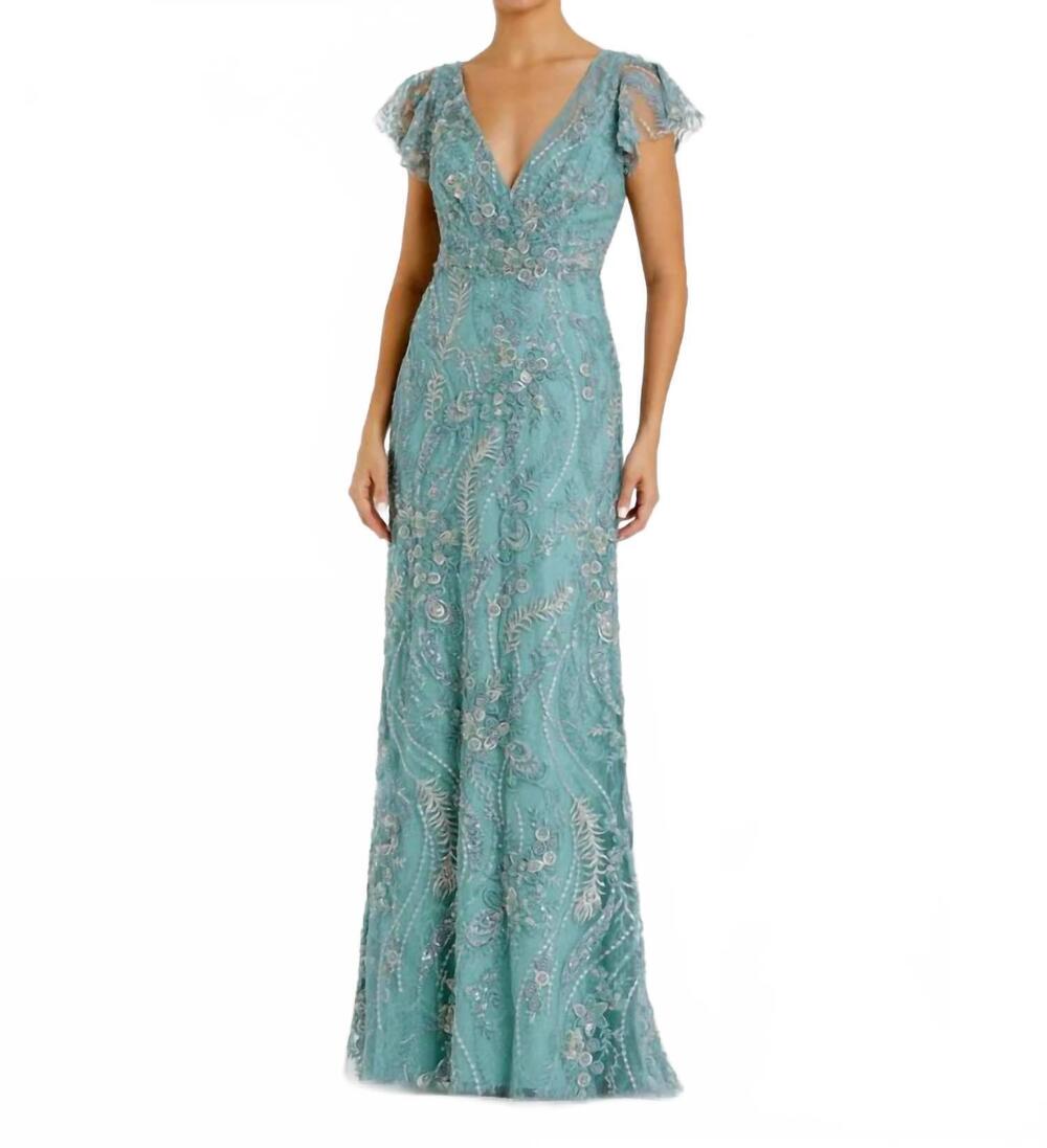 NEW MAC DUGGAL v neck flutter sleeve embroidered lace gown in seafoam